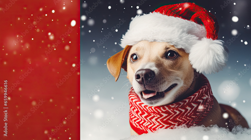 Jack Russell Terrier dog in a New Year's red hat and scarf in the snow. Free space for product placement or advertising text. Jack Russell Terrier dog in a New Year's red hat and scarf in the snow. Free space for product placement or advertising text.