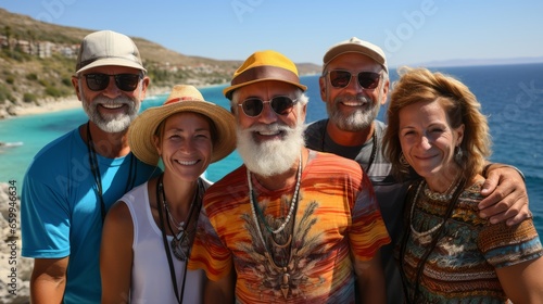 Group photo of middle aged cheerful tourists against the backdrop of the picturesque sea coast. Happy men and women in summer clothes, hats and sunglasses look at the camera, smiling cheerfully.