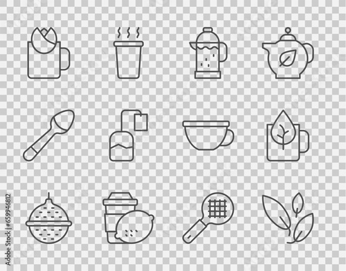 Set line Ball tea strainer, Tea leaf, French press, Cup of with lemon, rose, bag, handle and icon. Vector