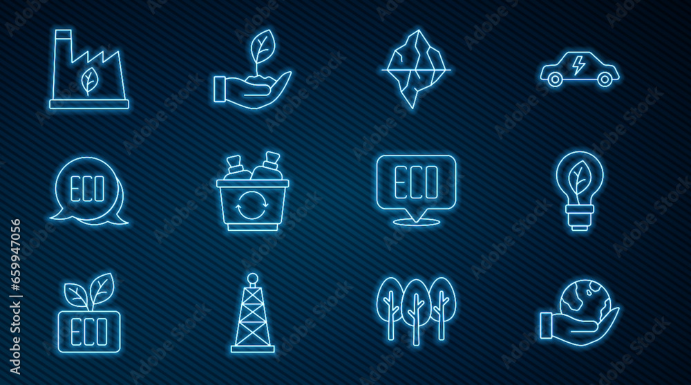 Set line Hand holding Earth globe, Light bulb with leaf, Iceberg, Recycle bin, Leaf Eco symbol, Plant recycling garbage, and hand icon. Vector Set line Hand holding Earth globe, Light bulb with leaf, Iceberg, Recycle bin, Leaf Eco symbol, Plant recycling garbage, and hand icon. Vector