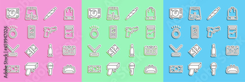Set line Brass knuckles, Retro audio cassette tape, Plastic bag of drug, Marijuana joint, spliff, Music player, Diamond ring, Vinyl with vinyl disk and Pistol or gun icon. Vector