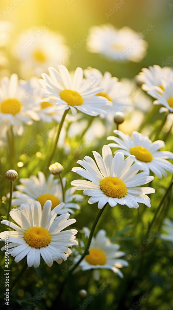 Obraz premium Sunlit Daisies in a Field, Radiating Natural Beauty and Serenity, Perfect for Nature Enthusiasts and Botanical Lovers