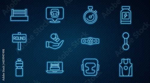 Set line Boxing jersey and t-shirt, Dumbbell, Stopwatch, glove, ring board, belt and helmet icon. Vector