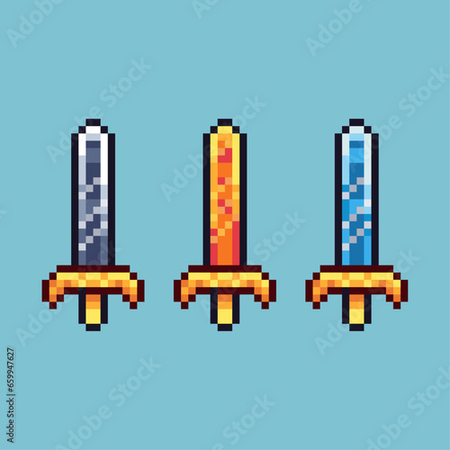Pixel art sets of silver,gold,blue sword with variation color item asset. Simple bits of sword on pixelated style. 8bits perfect for game asset or design asset element for your game design asset.