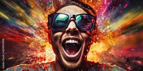 AI Generated. AI Generative. Vibrant multi color explosion holi powder boom with handsome man portrait in sunglasses. Graphic Art