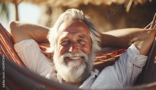 old person with a beard relaxing in hammock © marimalina