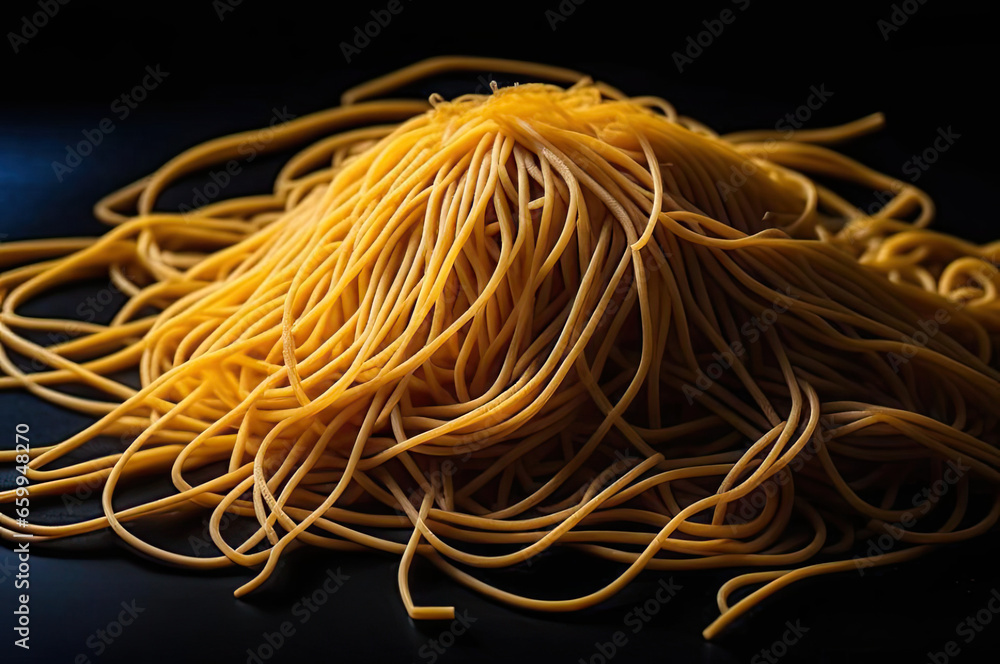 dish. golden wheat pasta on black table AI GENERATOR