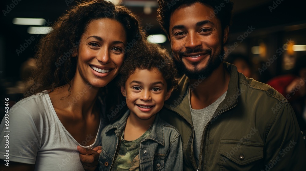 Cheerful multiracial family watching movie in cinema theater. Father, mother and son spending weekend together. Happy smiling parents and kid enjoying communication and shared leisure time. Cheerful multiracial family watching movie in cinema theater. Father, mother and son spending weekend together. Happy smiling parents and kid enjoying communication and shared leisure time.