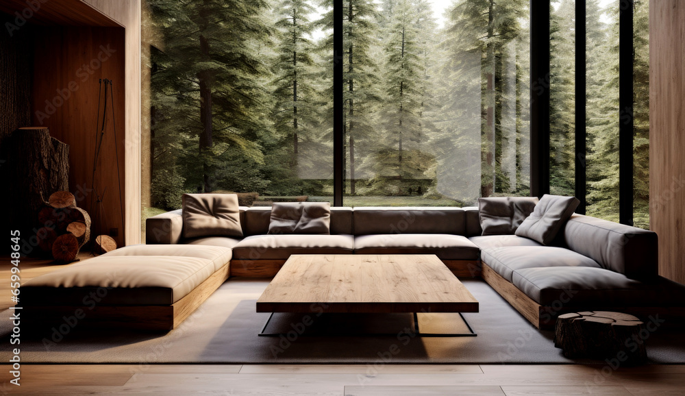 living room with a sofa with large windows overlooking the forest living room with a sofa with large windows overlooking the forest
