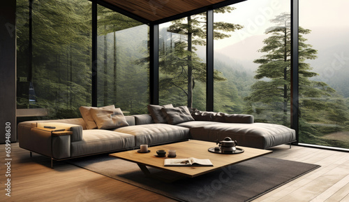 living room with a sofa with large windows overlooking the forest © marimalina