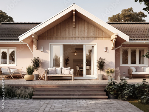 Classic beige house exterior with modern design elements. AI Generation. © Llama-World-studio