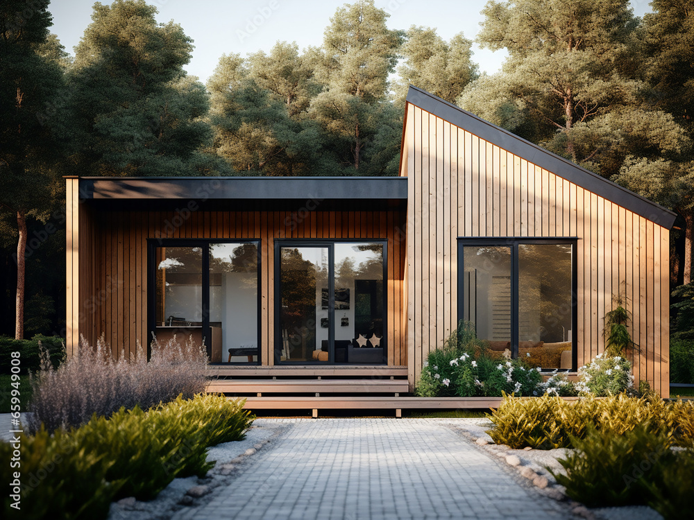 Natural charm of light wood house exterior. AI Generation. Natural charm of light wood house exterior. AI Generation.