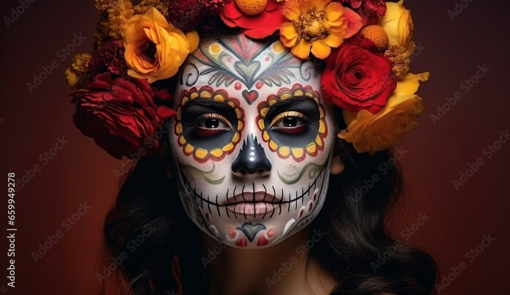 Photo of a woman with a painted face and flowers in her hair ready for day of the dead.