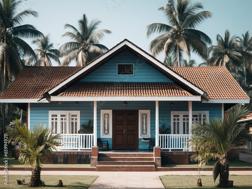 Welcoming blue house exterior and interior room. AI Generation. © Llama-World-studio