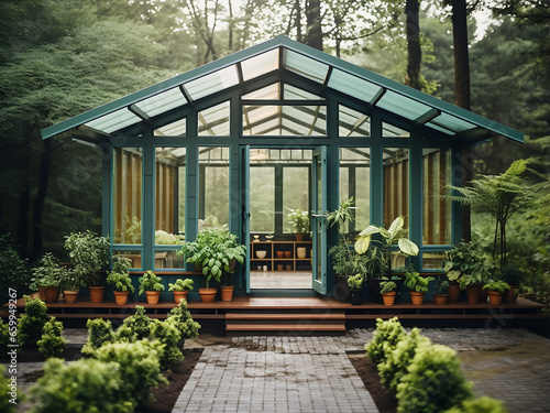 Green house exterior showcasing elegant design. AI Generation.
