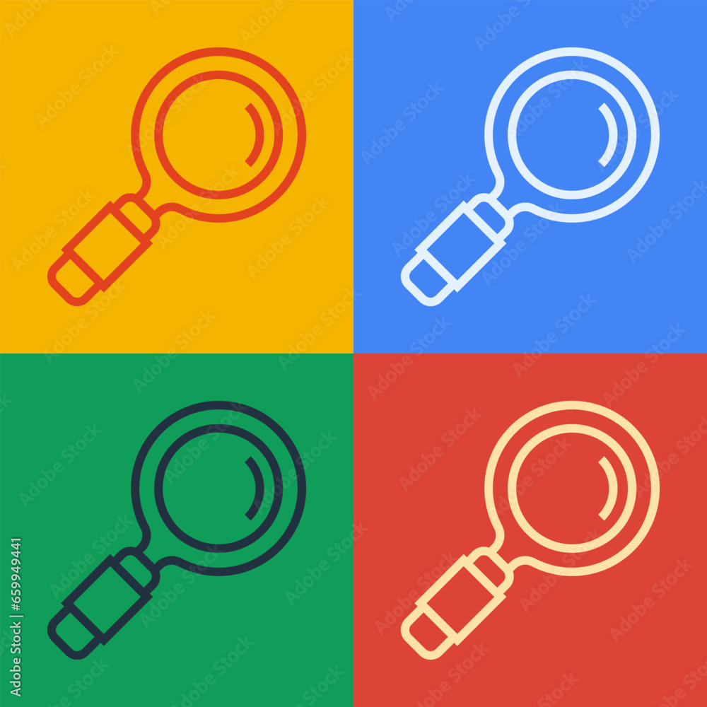 Pop art line Magnifying glass icon isolated on color background. Search, focus, zoom, business symbol. Vector Pop art line Magnifying glass icon isolated on color background. Search, focus, zoom, business symbol. Vector