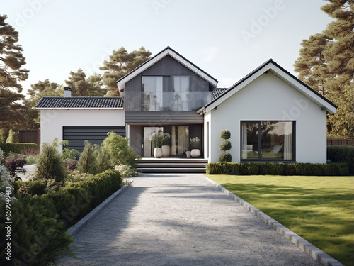 Traditional grey house exterior and interior. AI Generation.