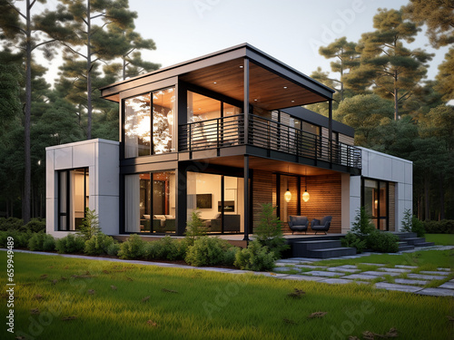 A sleek loft house exterior with stylish furniture. AI Generation. © Llama-World-studio