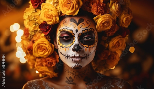 Photo of a woman with a painted face and flowers in her hair ready for day of the dead.