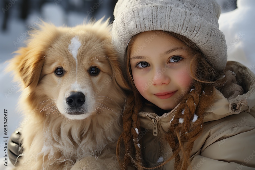 Close-up portrait of a charming little girl in winter parka and knitted hat with a big shaggy dog in winter snowy park. Cute child hugging her adored puppy. Love and affection between child and pet.