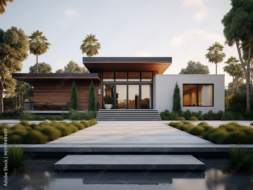 Fototapeta premium A serene modern house exterior and its room decor. AI Generation.