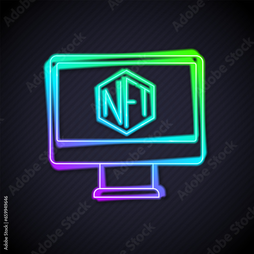 Glowing neon line Monitor with art store app icon isolated on black background. Technology of selling NFT tokens for cryptocurrency. Non fungible token concept. Vector