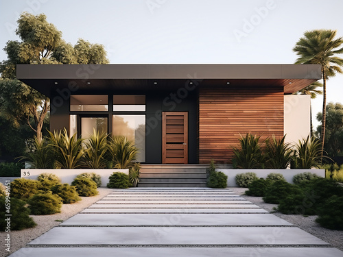 A minimalist's paradise: the house exterior. AI Generation. © Llama-World-studio
