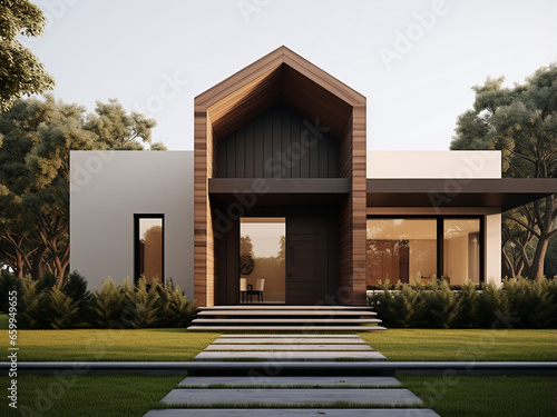 Minimalism house exterior blending exterior and room. AI Generation.