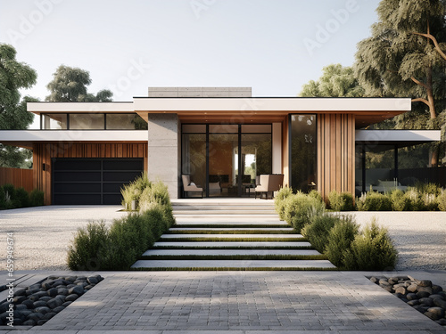 Exploring a captivating modern house exterior. AI Generation. © Llama-World-studio