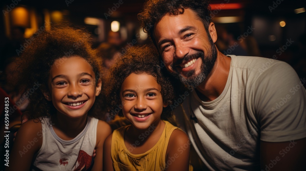 Cheerful multiracial family watching movie in cinema theater. Father and two his daughters spending weekend together. Happy smiling daddy and kids enjoying communication and shared leisure time. - obrazy, fototapety, plakaty 
