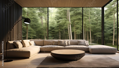 living room with a sofa with large windows overlooking the forest