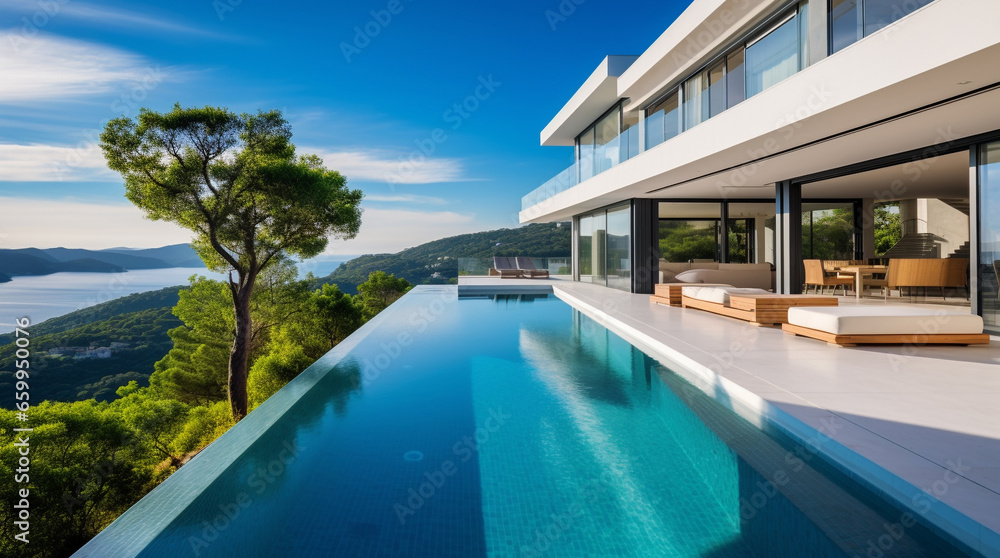 Luxurious decorative balcony terrace with view outside of modern mansion. Residence luxury villa with large swimming pool. Luxury modern estate property on hill with sea view, vacation, tourism