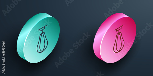 Isometric line Punching bag icon isolated on black background. Turquoise and pink circle button. Vector