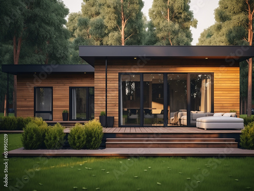 Aesthetic wood house exterior and room decor. AI Generation.