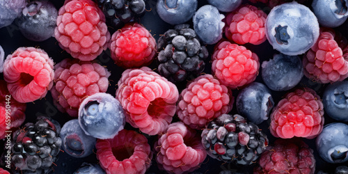 Frozen Raspberries Blackberries And Blueberries With Pieces Of Ice And Frost Created Using Artificial Intelligence