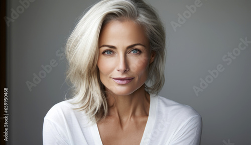 adult blonde woman on gray background