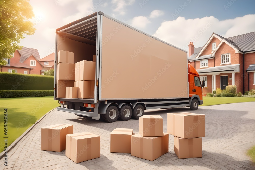 House removal truck with boxes. Van full of moving boxes and furniture near house. Relocation concept, cargo transportation. House removal truck with boxes. Van full of moving boxes and furniture near house. Relocation concept, cargo transportation.