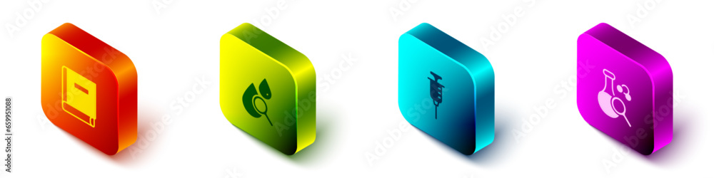 Set Isometric Science book, Drop and magnifying glass, Syringe and Test tube icon. Vector Set Isometric Science book, Drop and magnifying glass, Syringe and Test tube icon. Vector