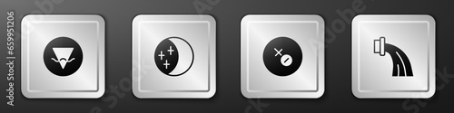 Set Earth element, Eclipse of the sun, Venus symbol and Aquarius zodiac icon. Silver square button. Vector