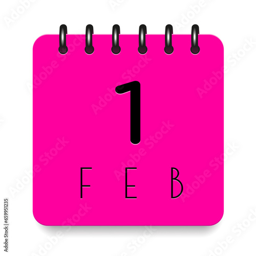 1 day of the month. February. Pink calendar daily icon. Black letters. Date day week Sunday, Monday, Tuesday, Wednesday, Thursday, Friday, Saturday. Cut paper. White background. Vector illustration.