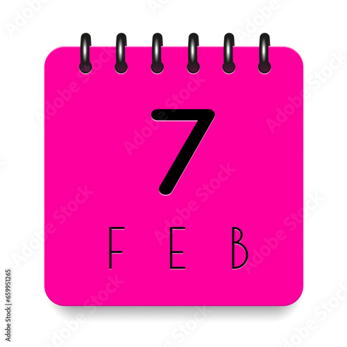 7 day of the month. February. Pink calendar daily icon. Black letters. Date day week Sunday, Monday, Tuesday, Wednesday, Thursday, Friday, Saturday. Cut paper. White background. Vector illustration.