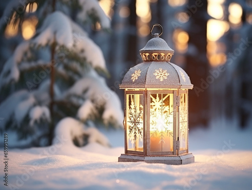 A festive Christmas lantern rests on a snowy ground, adorned with a fir branch.