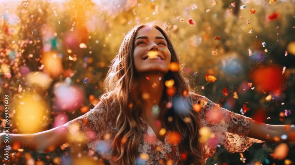 Happy girl in flying petals like those that it's snowing in spring. She rejoices in the coming of spring. Spring vibes. Emotional lifestyle portrait. Selective focus Happy girl in flying petals like those that it's snowing in spring. She rejoices in the coming of spring. Spring vibes. Emotional lifestyle portrait. Selective focus