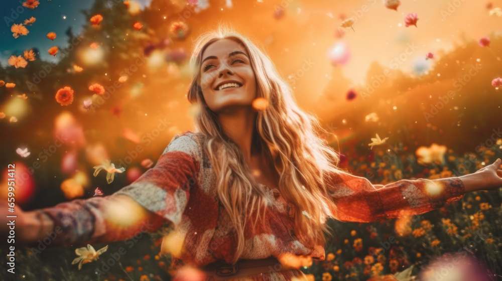 Happy girl in flying petals like those that it's snowing in spring. She rejoices in the coming of spring. Spring vibes. Emotional lifestyle portrait. Selective focus Happy girl in flying petals like those that it's snowing in spring. She rejoices in the coming of spring. Spring vibes. Emotional lifestyle portrait. Selective focus