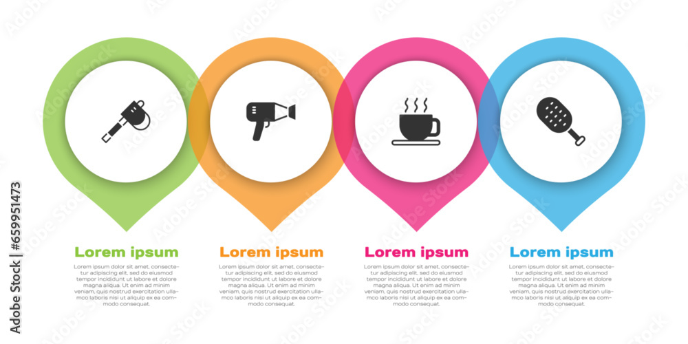 Set Wooden axe, Hair dryer, Cup of tea and Sauna brush. Business infographic template. Vector Set Wooden axe, Hair dryer, Cup of tea and Sauna brush. Business infographic template. Vector