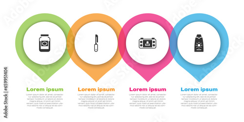 Set Jam jar, Knife, Portable video game console and Sunscreen cream in tube. Business infographic template. Vector