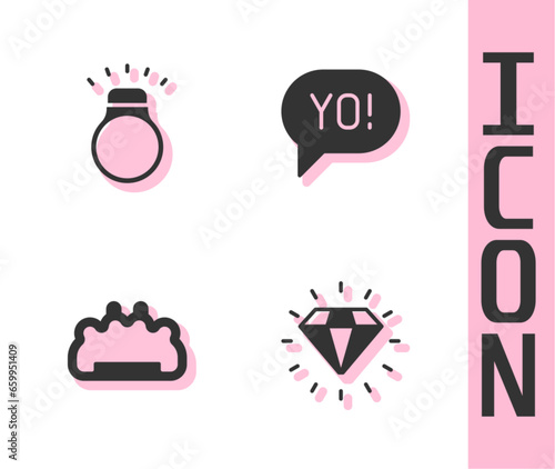 Set Diamond, ring, Brass knuckles and Yo slang lettering icon. Vector