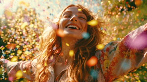Happy girl in flying petals like those that it's snowing in spring. She rejoices in the coming of spring. Spring vibes. Emotional lifestyle portrait. Selective focus