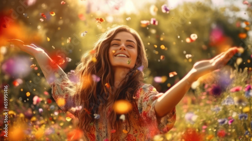 Happy girl in flying petals like those that it\'s snowing in spring. She rejoices in the coming of spring. Spring vibes. Emotional lifestyle portrait. Selective focus