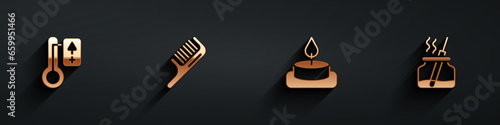 Set Sauna thermometer, Hairbrush, Aroma candle and diffuser icon with long shadow. Vector
